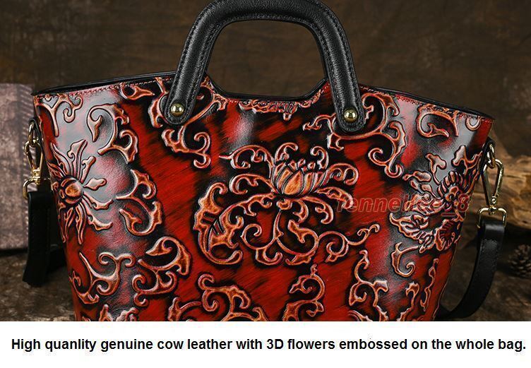Women Genuine Cow Leather Shoulder Bag Handbag Purse Flower Embossed Tote Travel