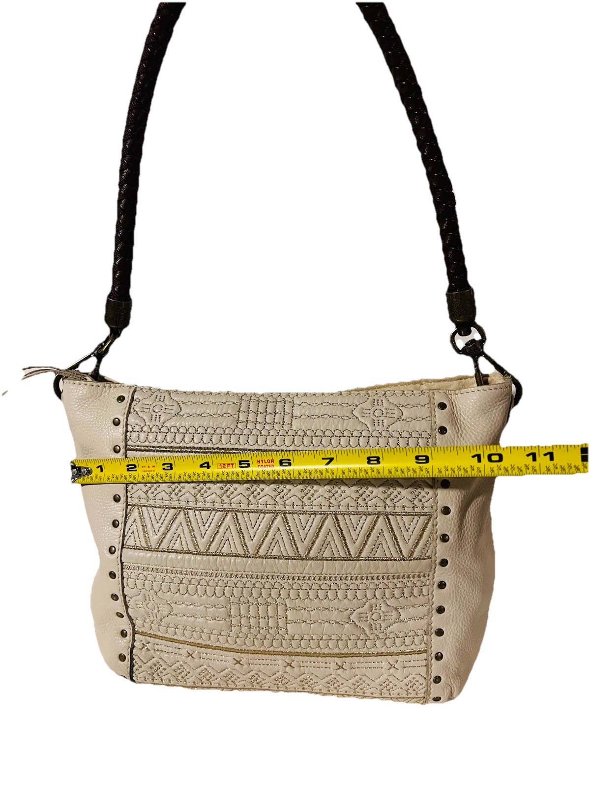 The Sak Indio Leather Shoulder Bag Braided Handle Beige Embroidered Boho Purse
