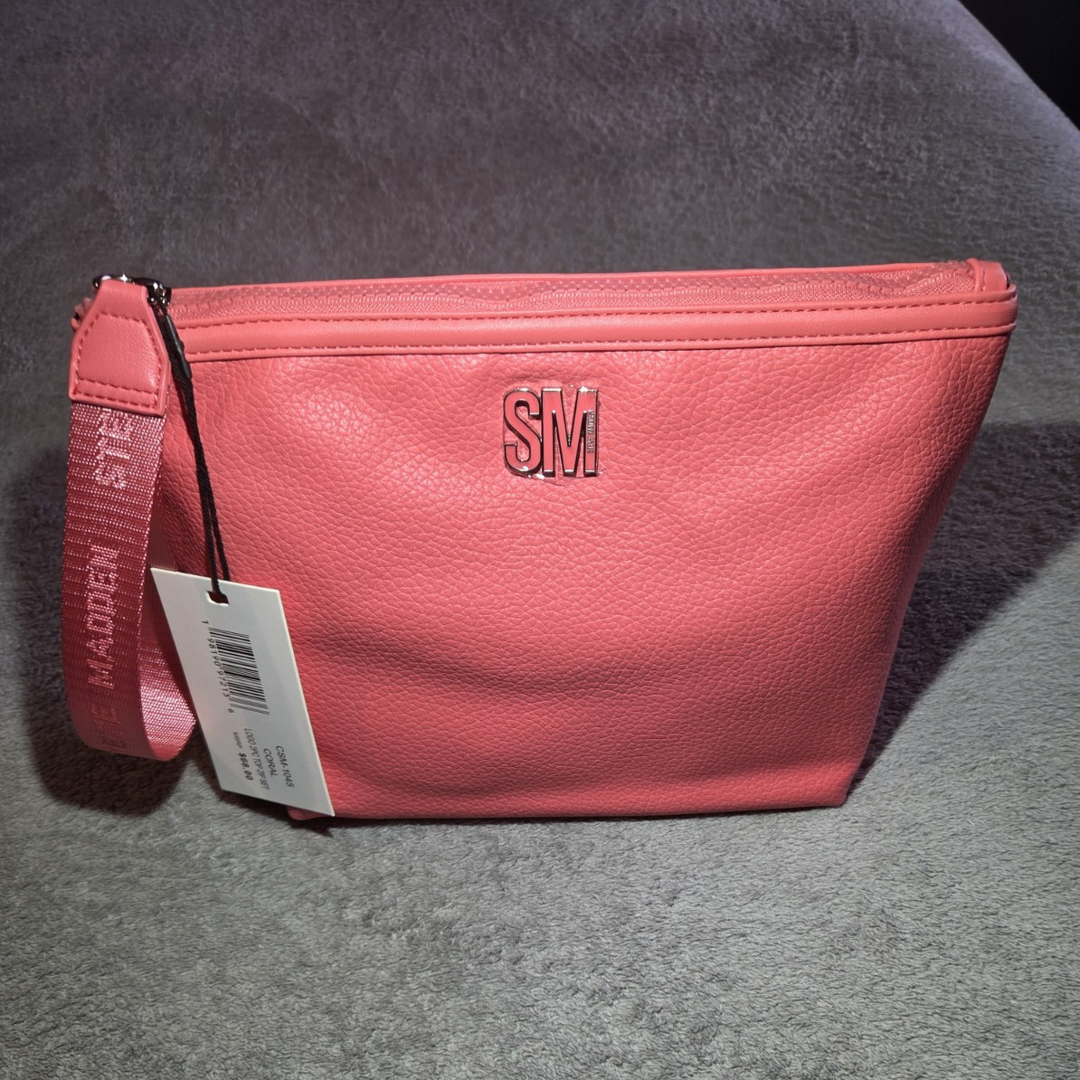 Steve Madden Pink Pebbled Zip Wristlet Clutch with Logo, Silver Hardware