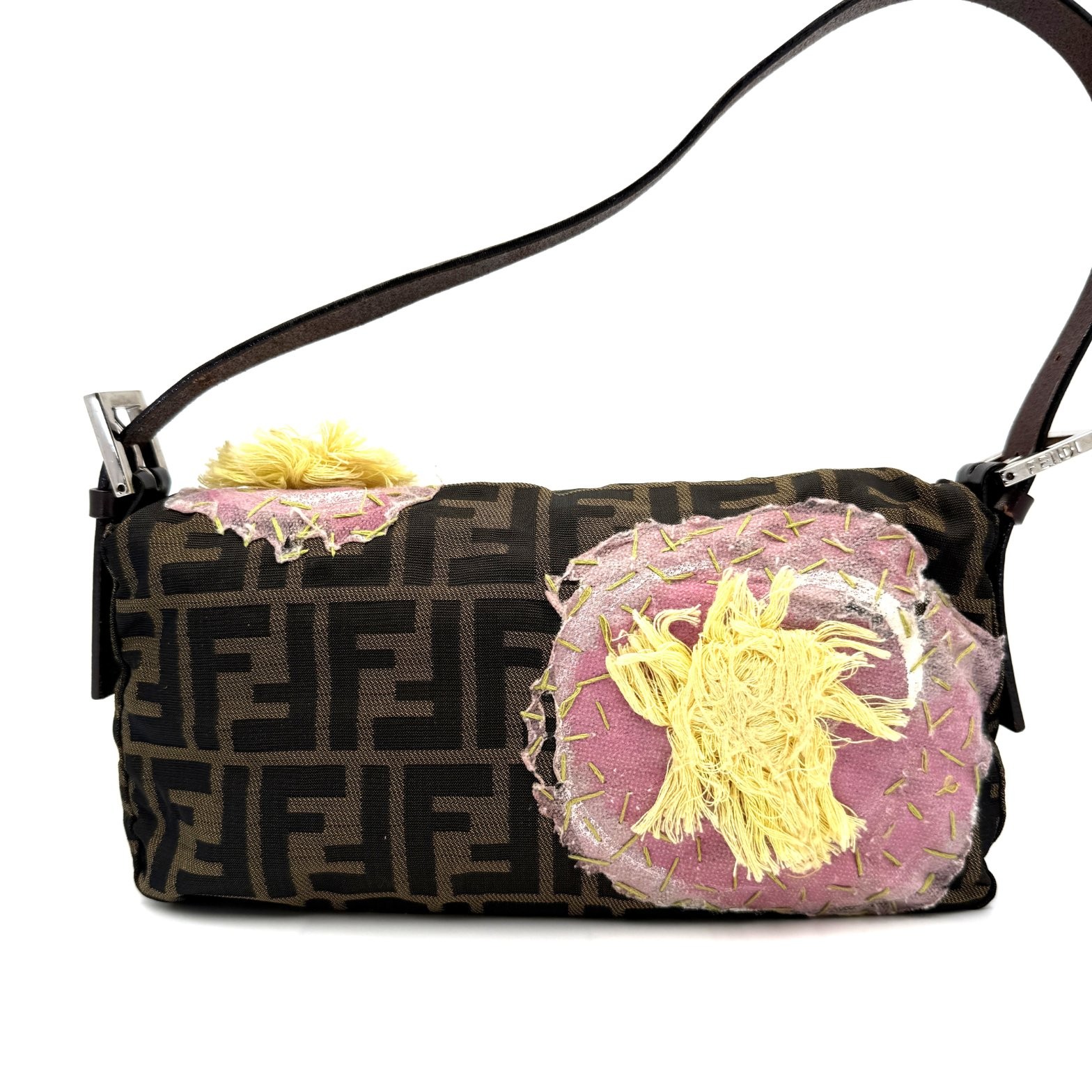 Fendi Zucca FF Monogram Baguette Bag Floral Embroidery Brown Canvas Leather