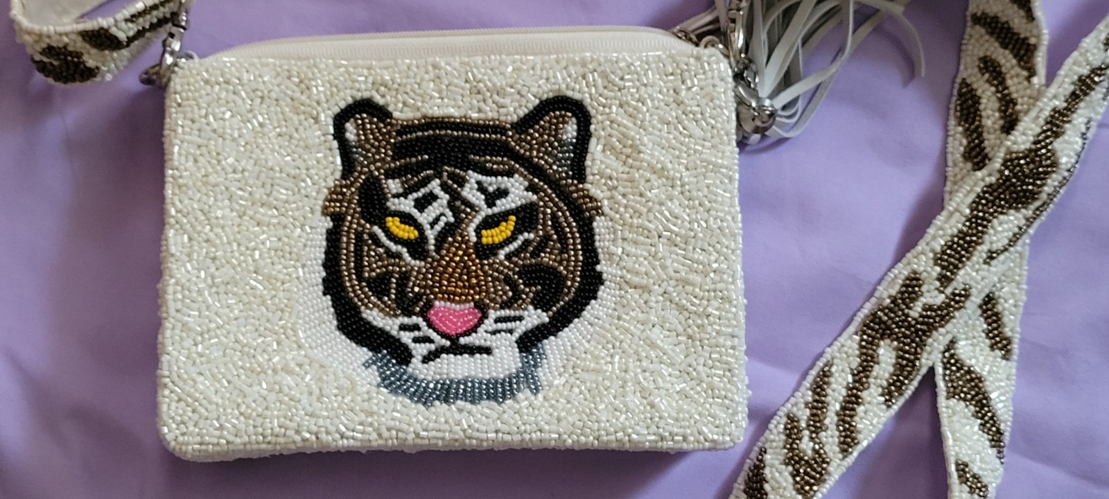 MOYNA Beaded Purse/ Adustable Strap, Tiger Face Zip Tassel,Unique