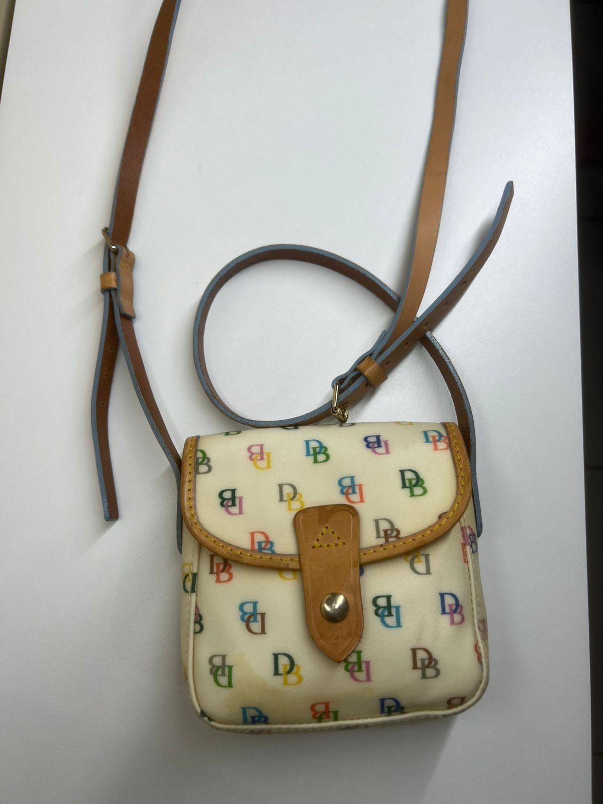 Dooney & Bourke Monogram Small Crossbody Bag Ivory Multicolor Brown Strap