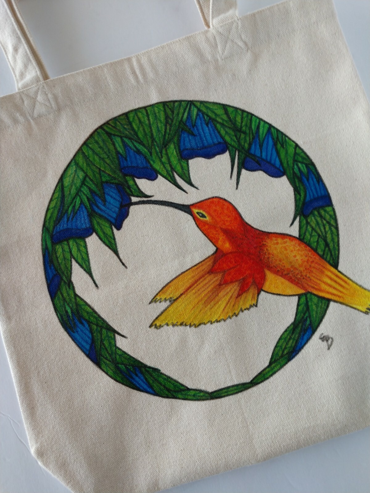 Orange Hummingbird Tote Bag , Bird and Blue Flowers Market Bag 13.5×13.5×3.5 NWT