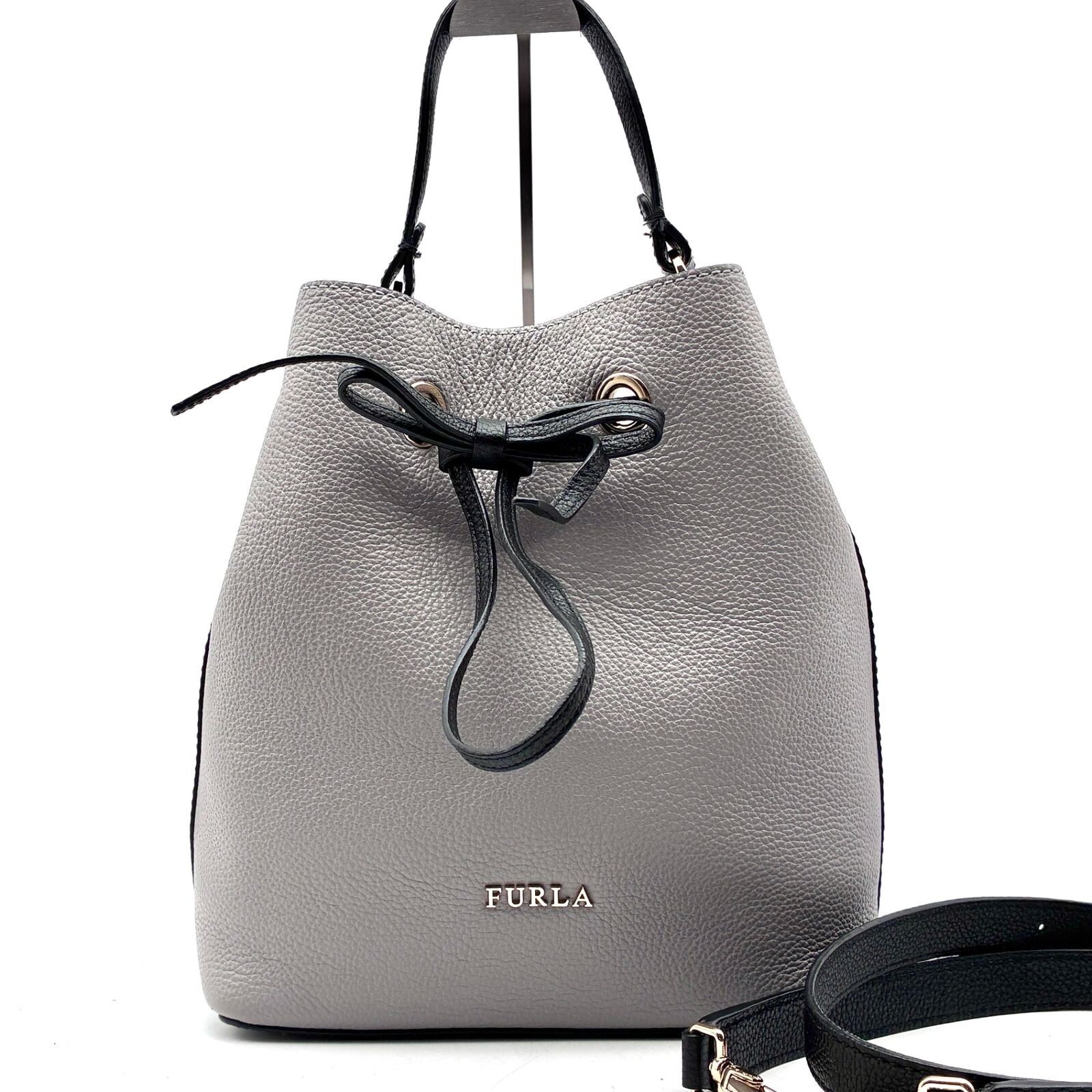 Furla Costanza Gray Leather Bucket Bag 2Way Crossbody From Japan Auth
