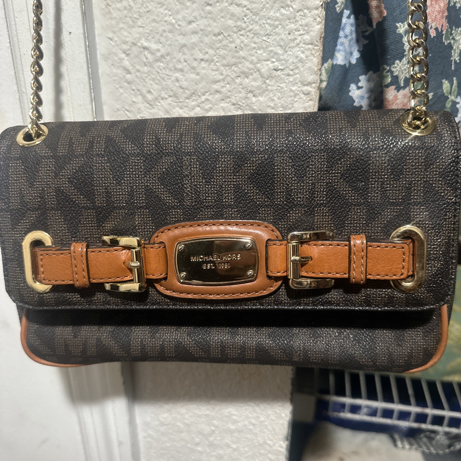 MICHAEL KORS HAMILTON CHAIN SHOULDER BAG PURSE BROWN SIGNATURE