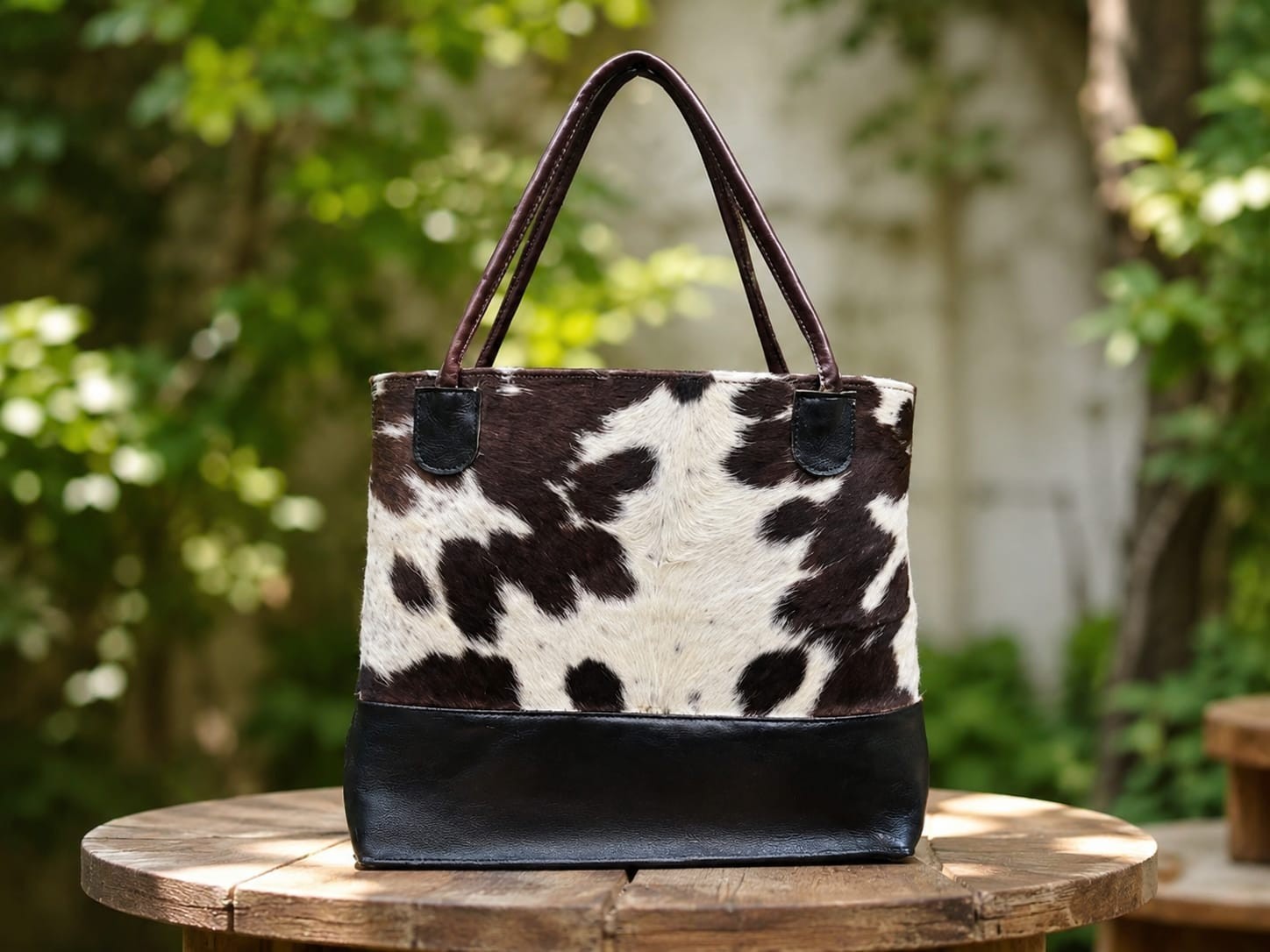 Genuine Cowhide Leather Tote Bag Black & White Hair-On Hide Shoulder Handbag 17″