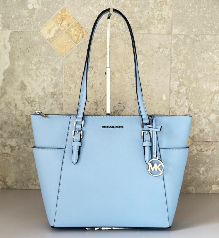 MICHAEL KORS CHARLOTTE LARGE TOP ZIP SAFFIANO LEATHER TOTE BAG LIGHT SKY