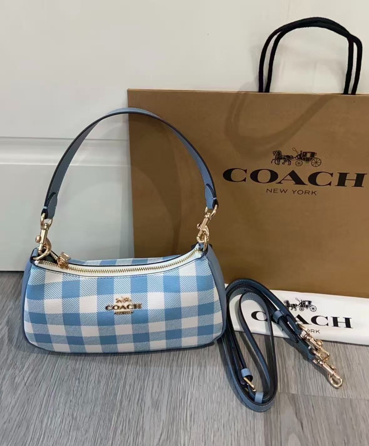 Coach Teri 25 Gingham Check Shoulder Bag Blue White Canvas Handbag