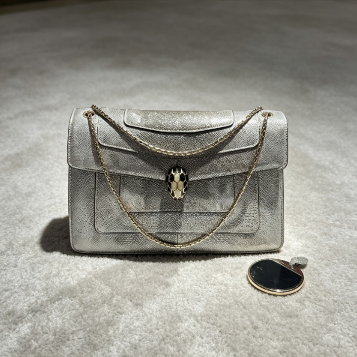 AUTH Bvlgari Serpenti Forever Silver Galuchat Medium Crossbody Bag Gold