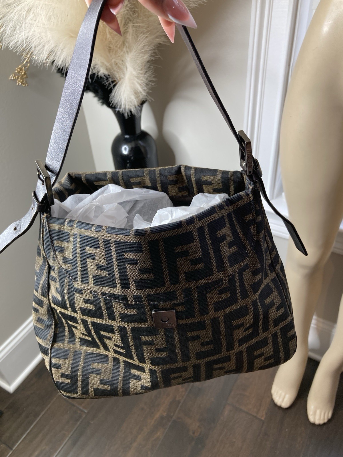 Fendi Zucca FF Monogram Shoulder Bag Brown/Black Detachable Strap Pockets