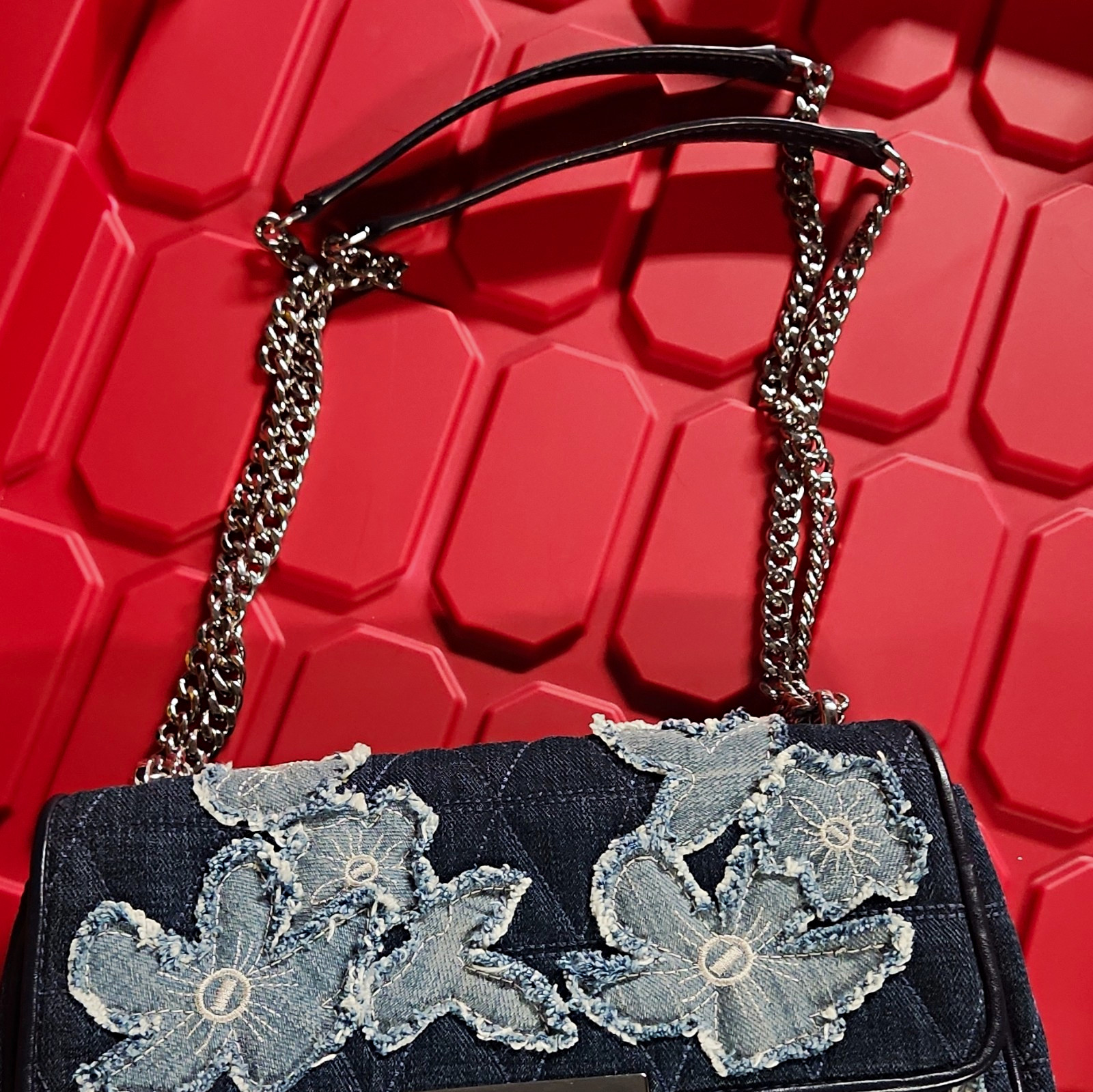 Michael Kors Denim Quilted Floral Applique Adjustable Bag Snap Silver Hardware