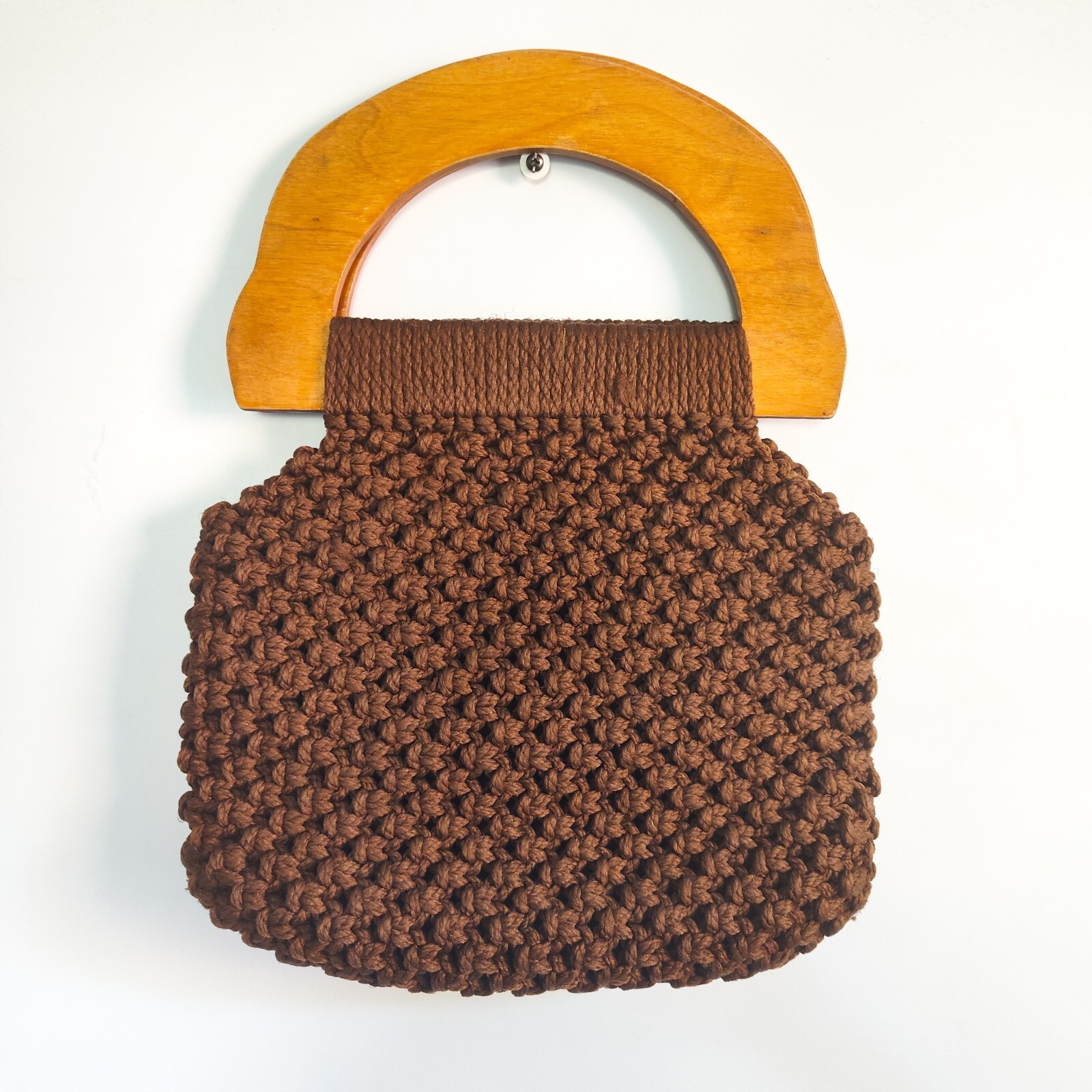 Vintage Crochet Knit Bag Wooden Handles Chic Brown Cottagecore Boho Handmade