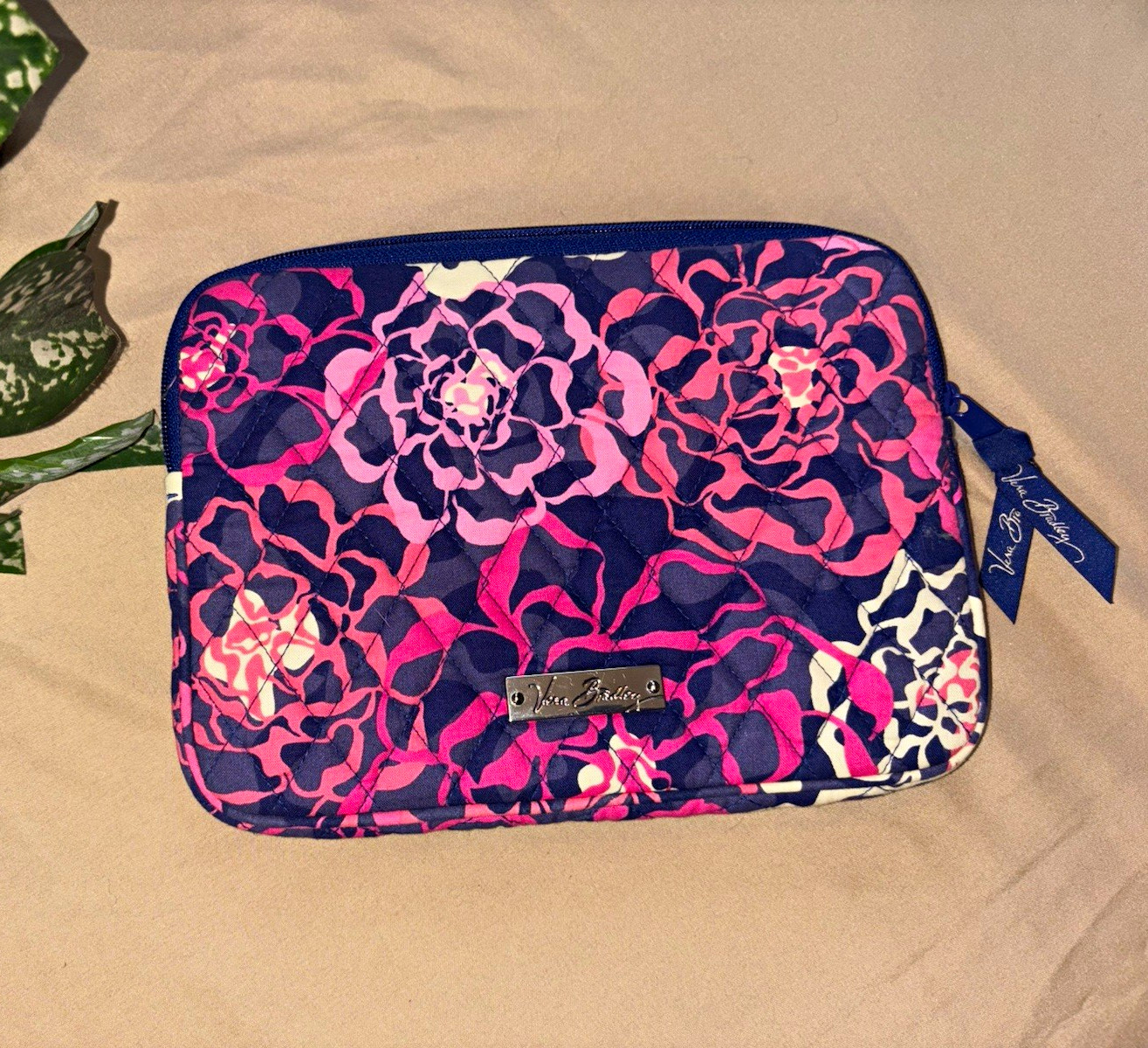 Vera Bradley Quilted Floral Zip Pouch, Pink/Blue/White, Zipper Pull