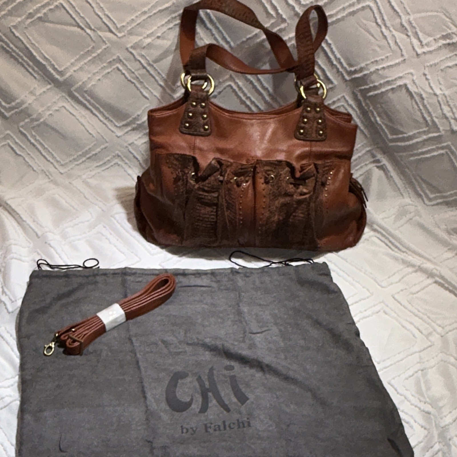 Chi by Falchi Brown Animal Print Studded Satchel w/ Strap Dust Bag