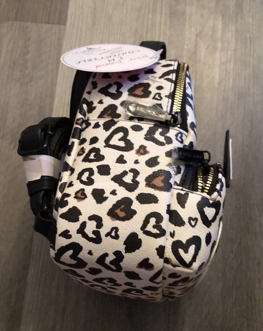 Betsey Johnson Black & White Multi Leopard Heart Print Dog Kitsch Backpack NWT
