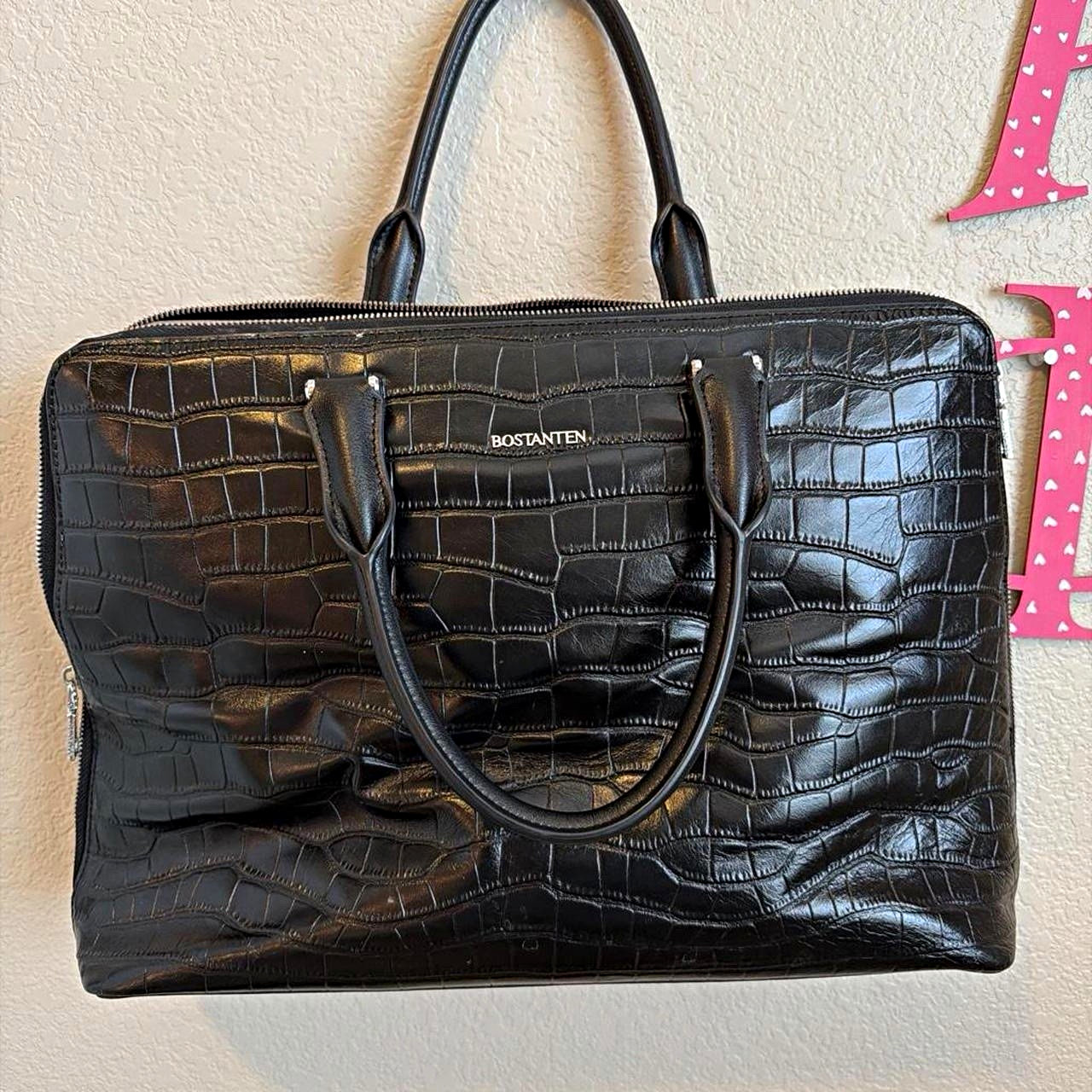 BOSTANTEN Black Croc Embossed Animal Print Zip Top Handle Satchel Bag