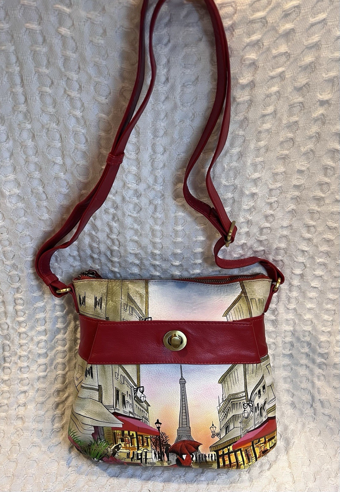 Vintage Sharif 1827 Leather Crossbody Bag Paris Eiffel Tower Art Print Purse