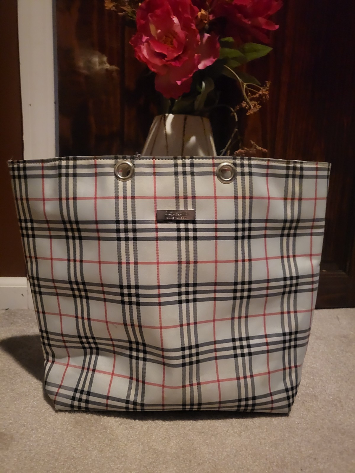 Burberry Blue Label Tote Bag Check Plaid Canvas