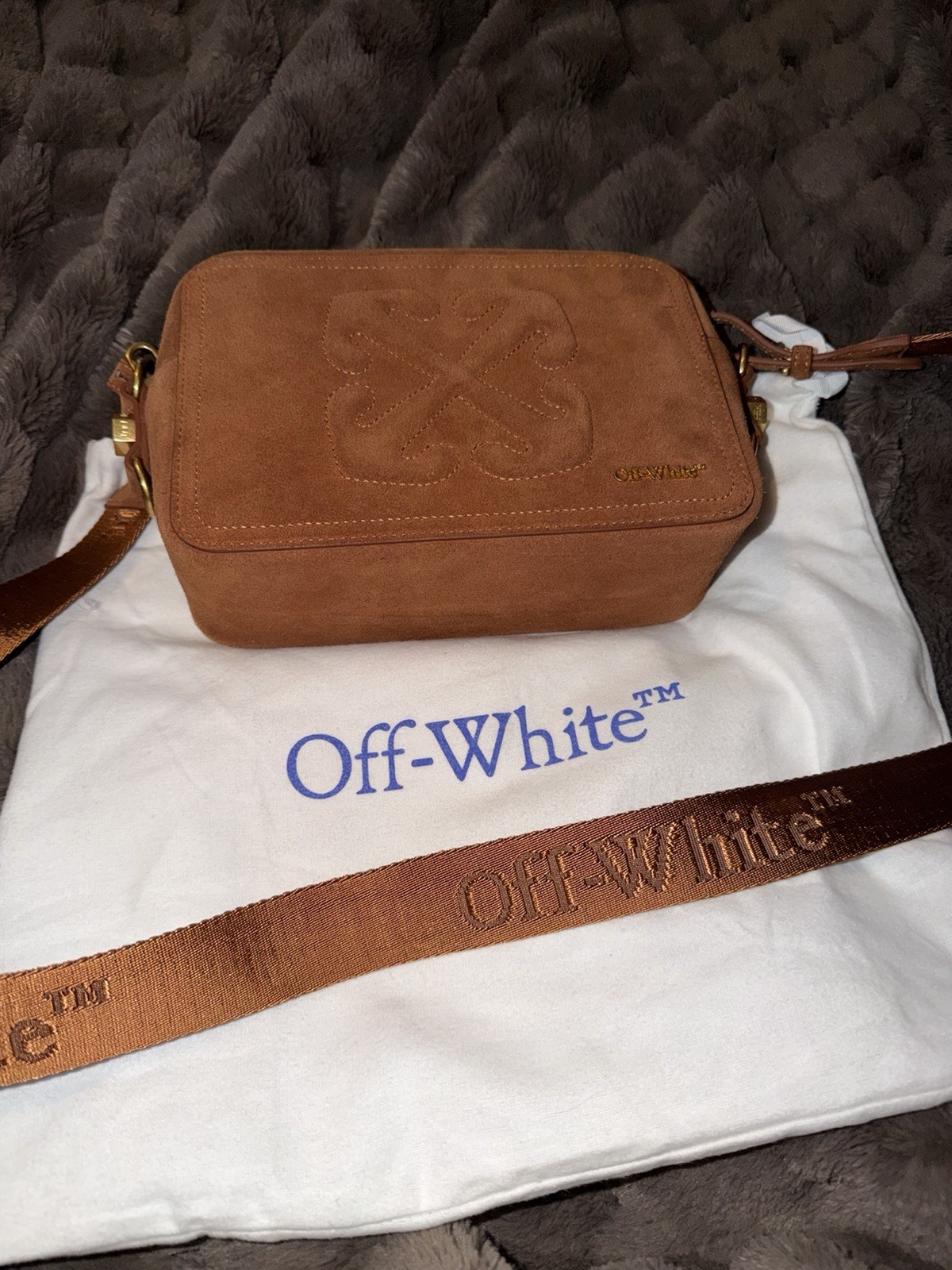 Off-White Brown Logo Crossbody Bag Gold Chain Strap Adjustable, Dust Bag