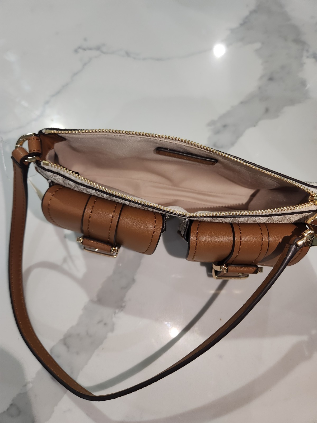 Michael Kors Logo Small Shoulder Bag Beige/Brown Zip w/ Detachable Strap