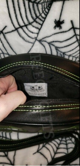LOVE PAIN & STITCHES BLK W/ GREEN GLITTER PUMPKIN KULT BAG DBL FACE CROSSBODY~NW