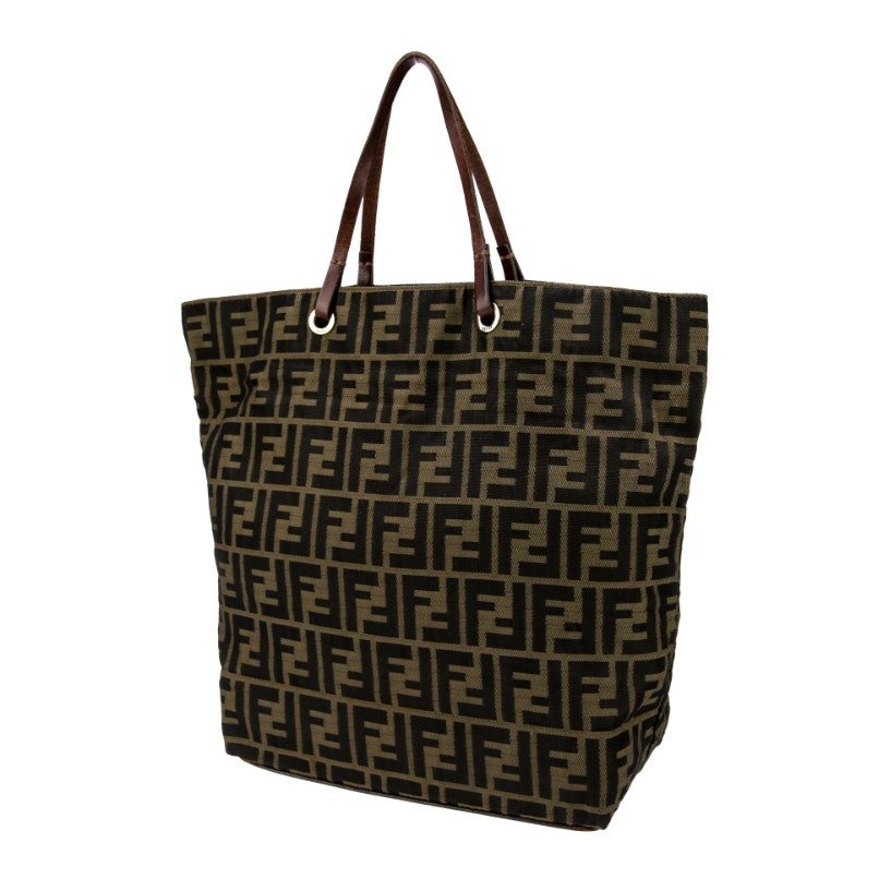 Fendi FF Logo Zucca Bag Shoulder Strap Tote Purse Brown Black Canvas Monogram