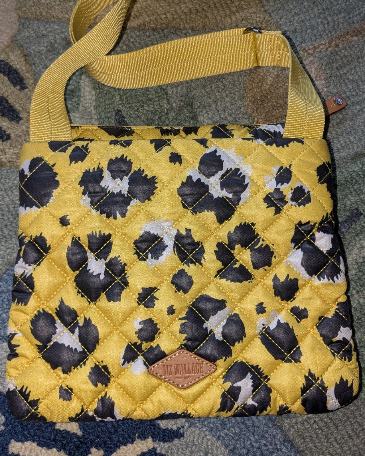 MZ WALLACE Rec Metro Flat Quilted Nylon Crossbody Yellow Leopard NEW