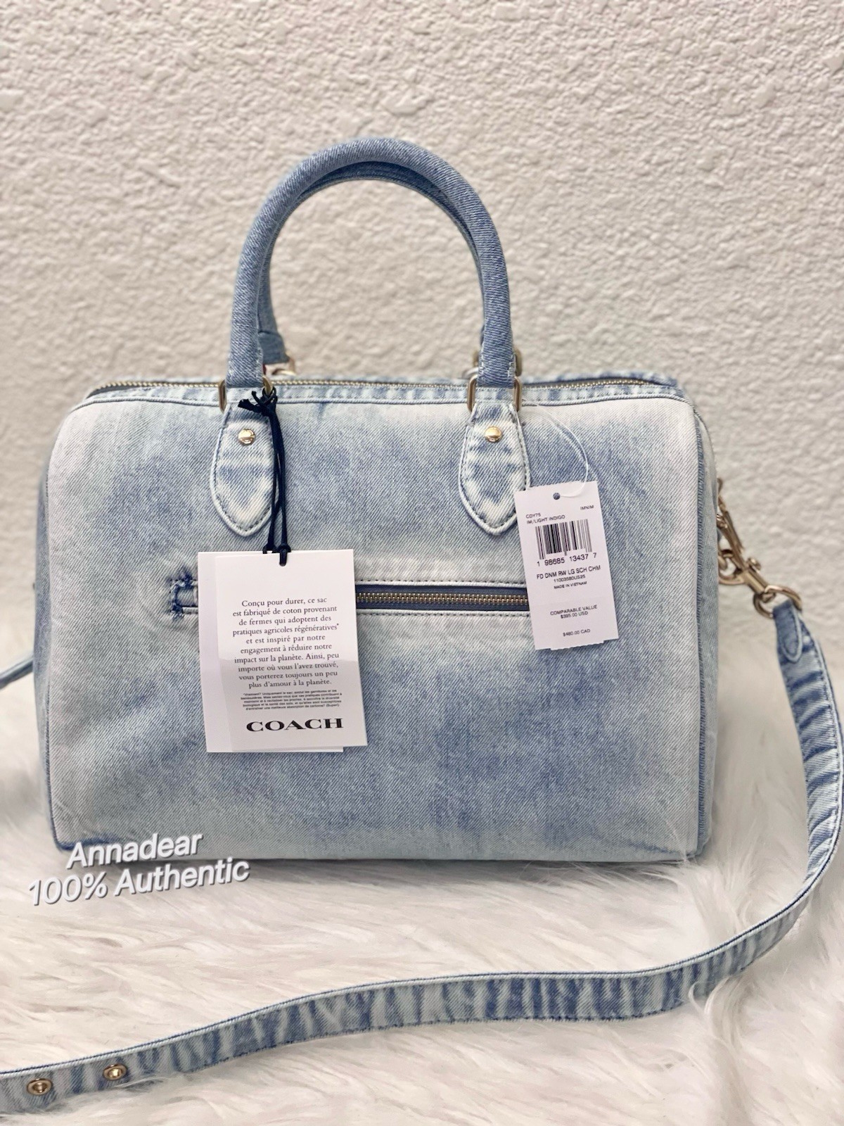 Coach CDY75 Rowan Large Satchel Bag In Loved Denim With Charms Light Indigo NWT