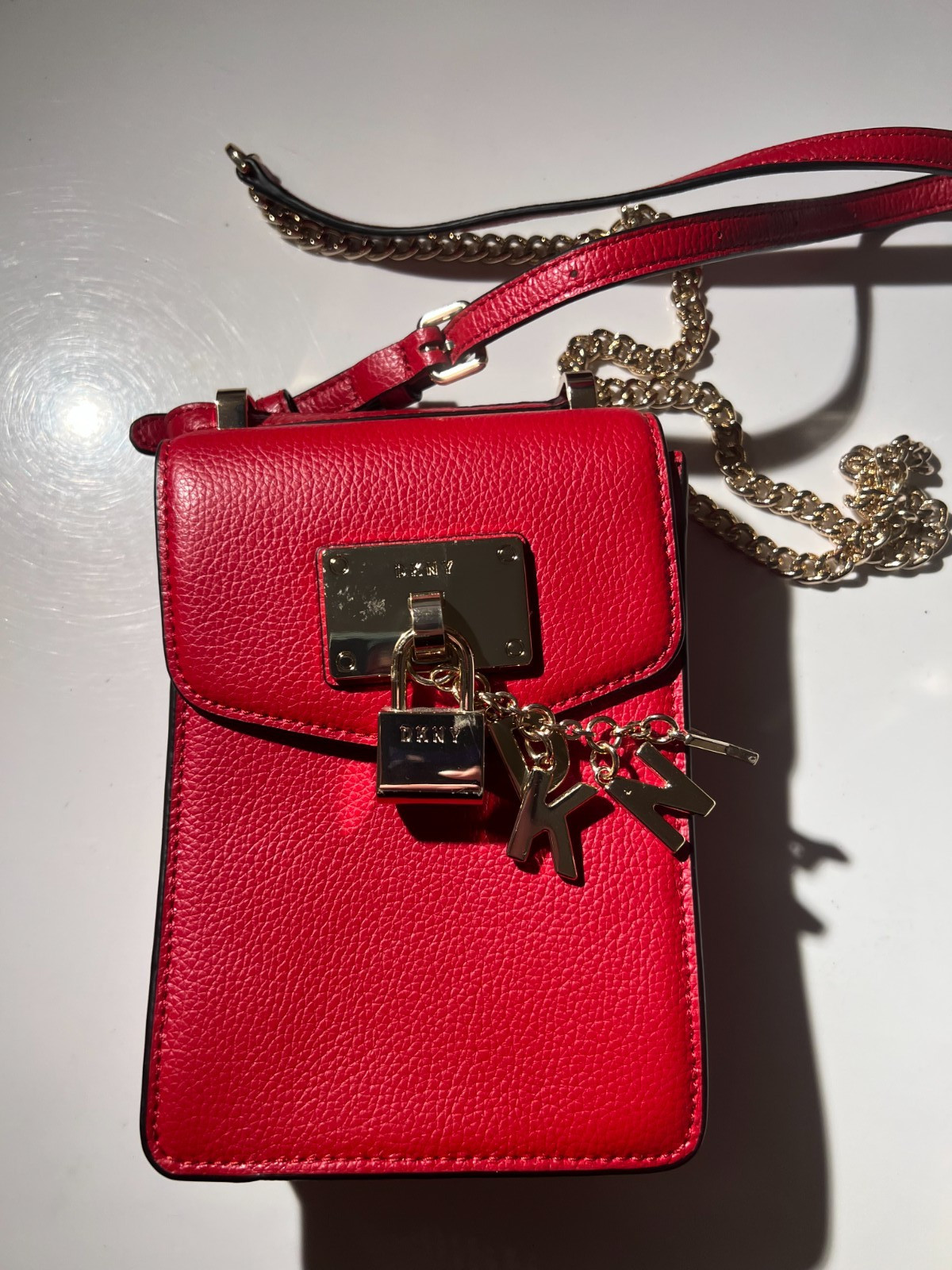 DKNY Elissa Pebbled Charm Mini North South Crossbody Bag Leather Red Great Cond.