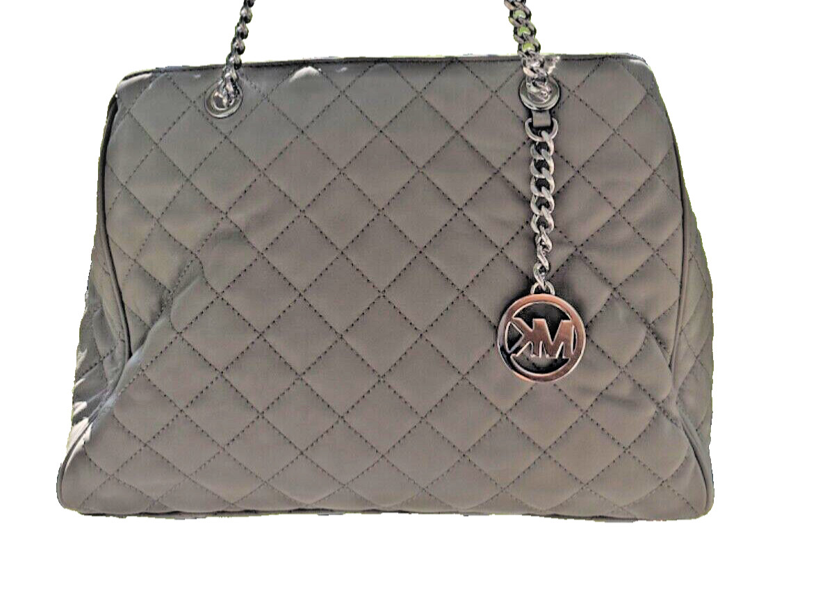 AUTHENTIC Michael Kors Susannah Large Quilted Leather Tote Handbag Pearl Grey