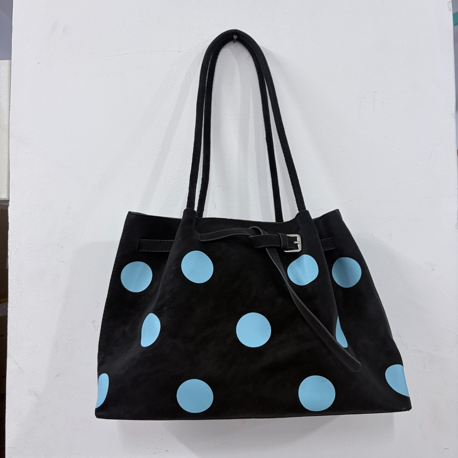 Black & Light Blue Polka Dot Large Tote Shoulder Bag