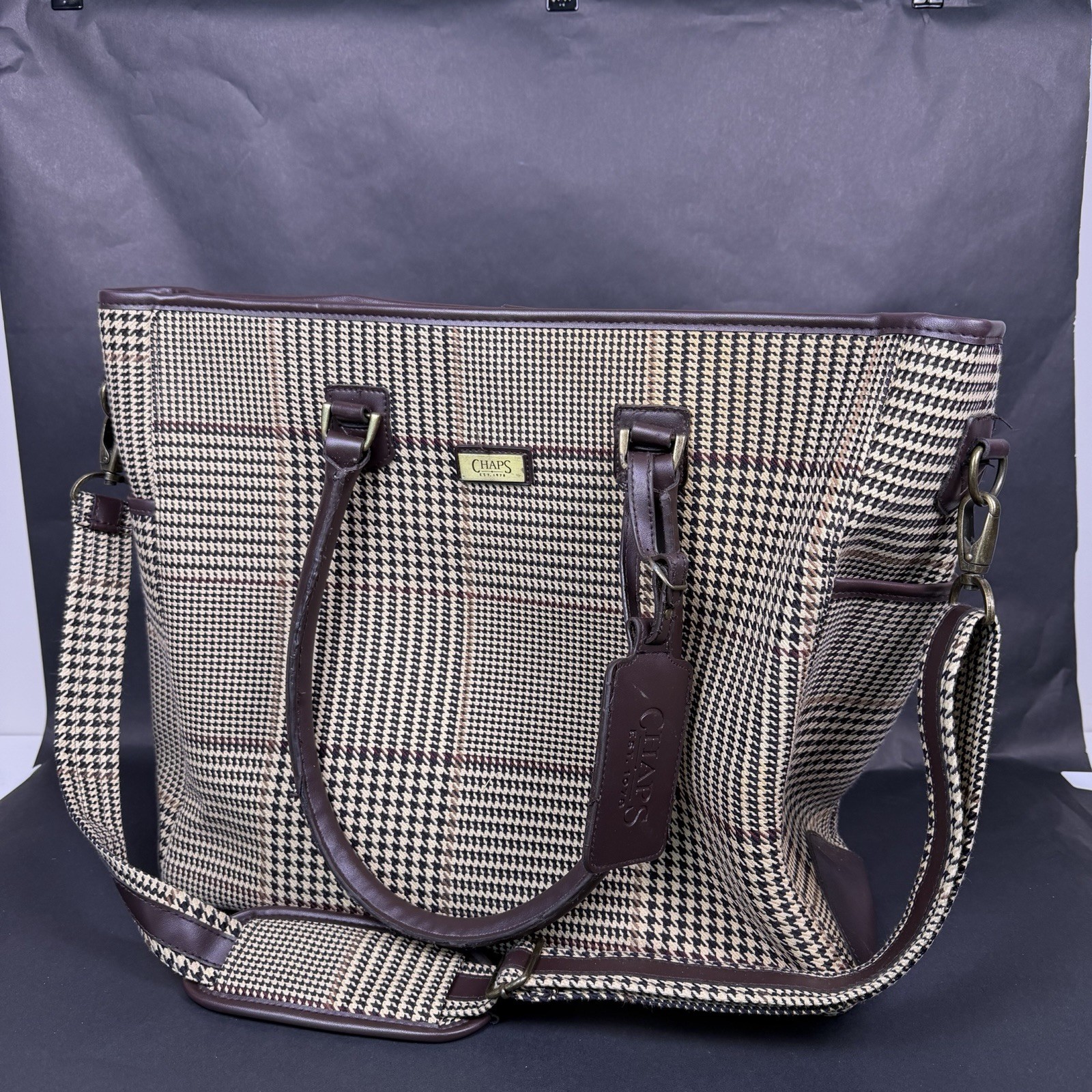 Chaps Plaid Tote Bag Brown Faux Leather Trim Shoulder Bag Large Travel Purse