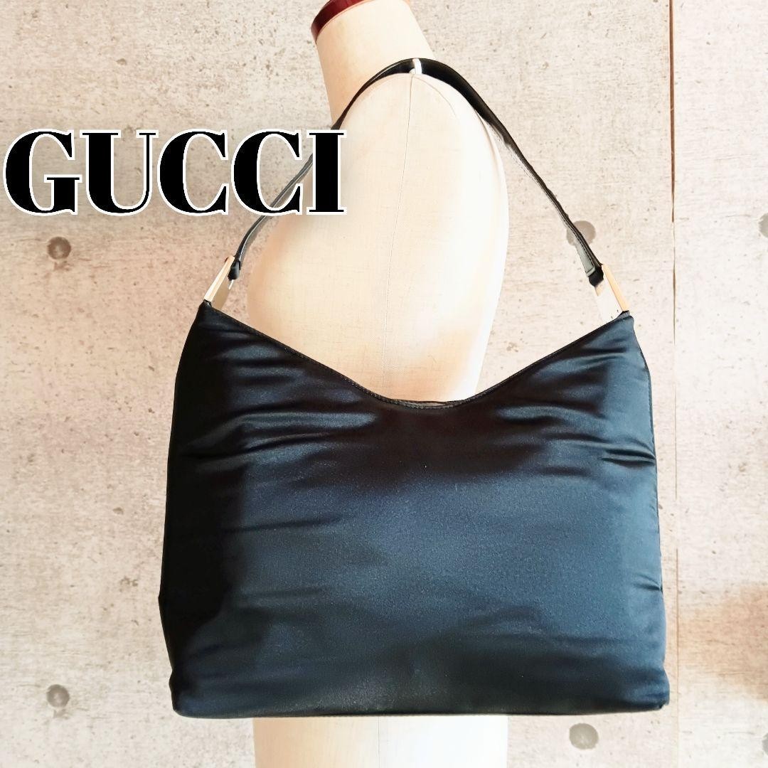 GUCCI Logo Hand Bag One Shoulder Bag Nylon Black x Silver Hardware Used