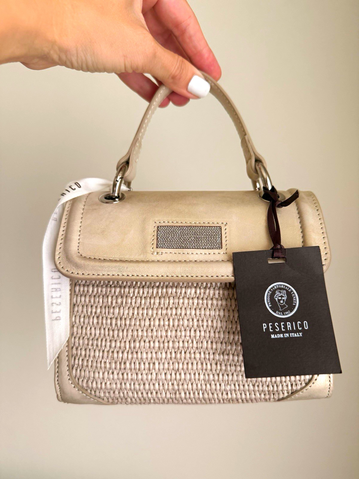 PESERICO Beige Woven Satchel Top Handle Bag w/ Detachable Crossbody Strap