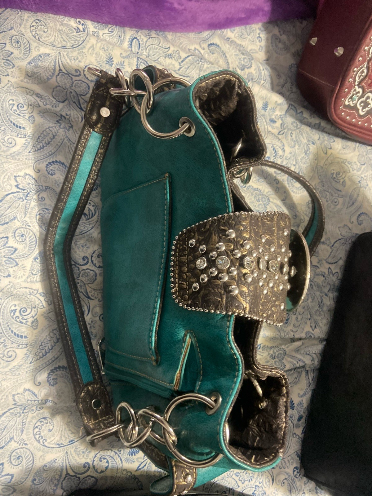 Montana West Turquoise Brown Western Shoulder Bag, Studded Rhinestone Buckle