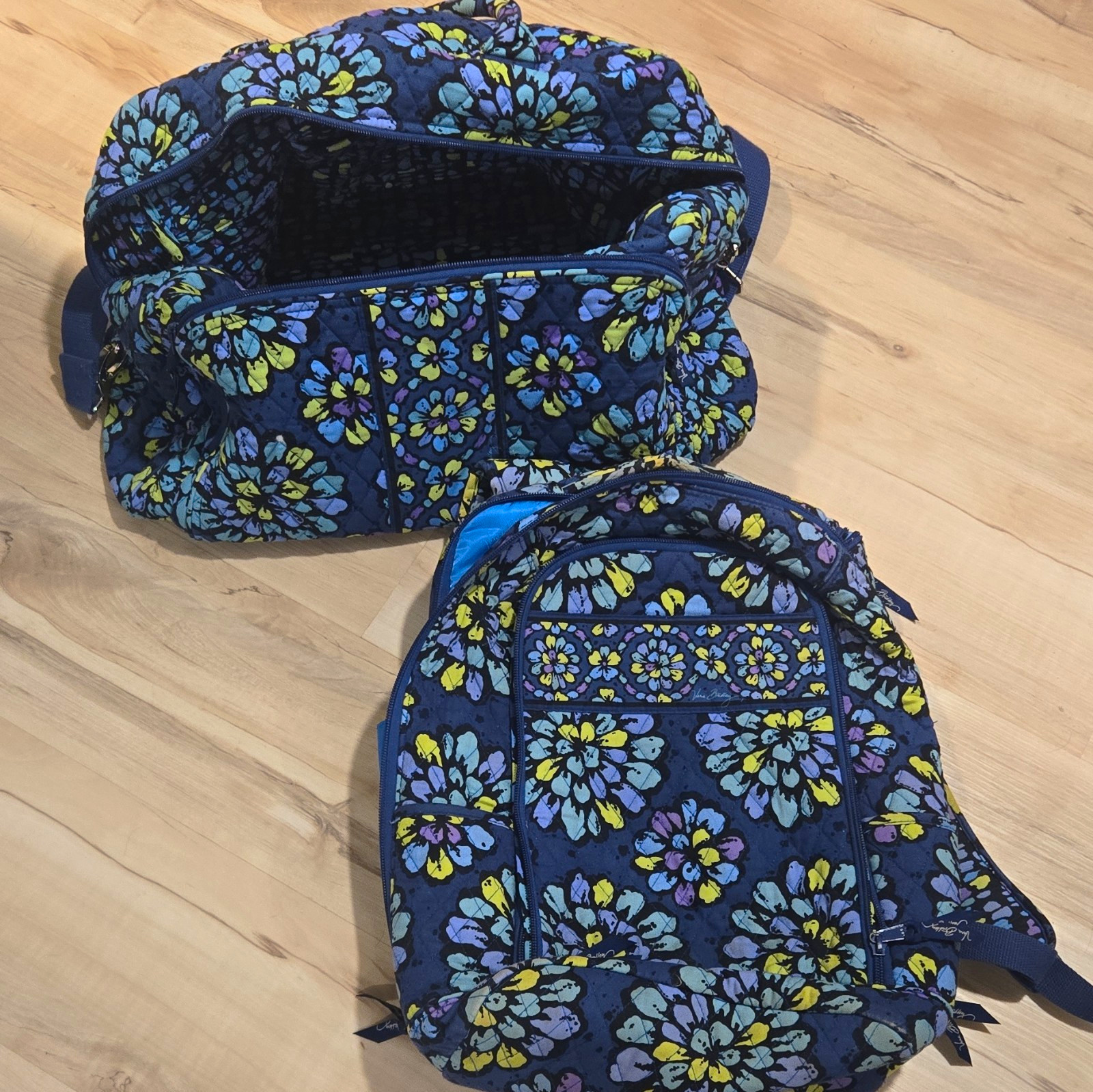 Vera Bradley Floral Backpack & Matching Zip Travel Bag Set, Indgo Pop pattern