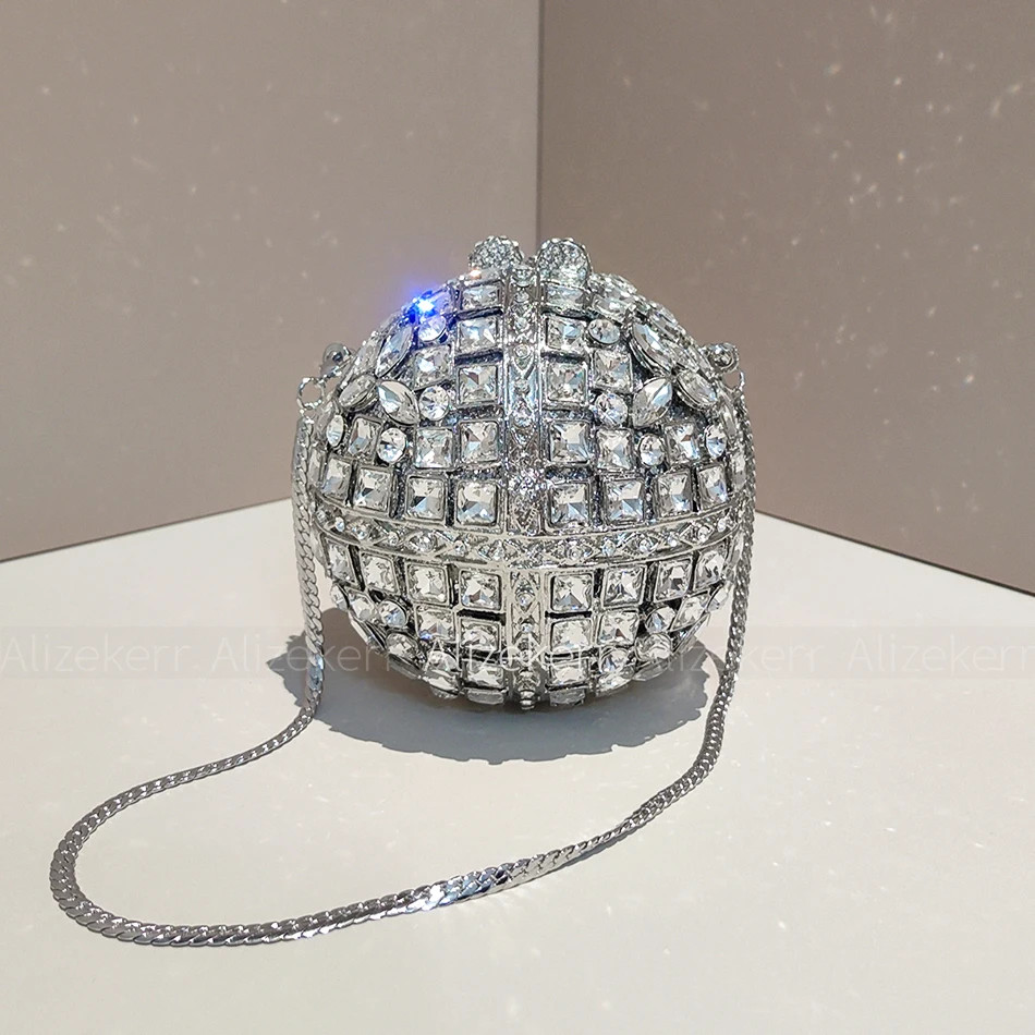 Ball Shaped Diamond Evening Bags Women Gorgeous Rhinestone Metallic Clutch Purse