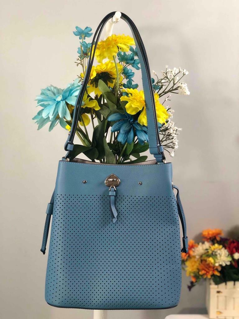 KATE SPADE Marti Blue Leather Perforated Large Bucket Shoulder Bag