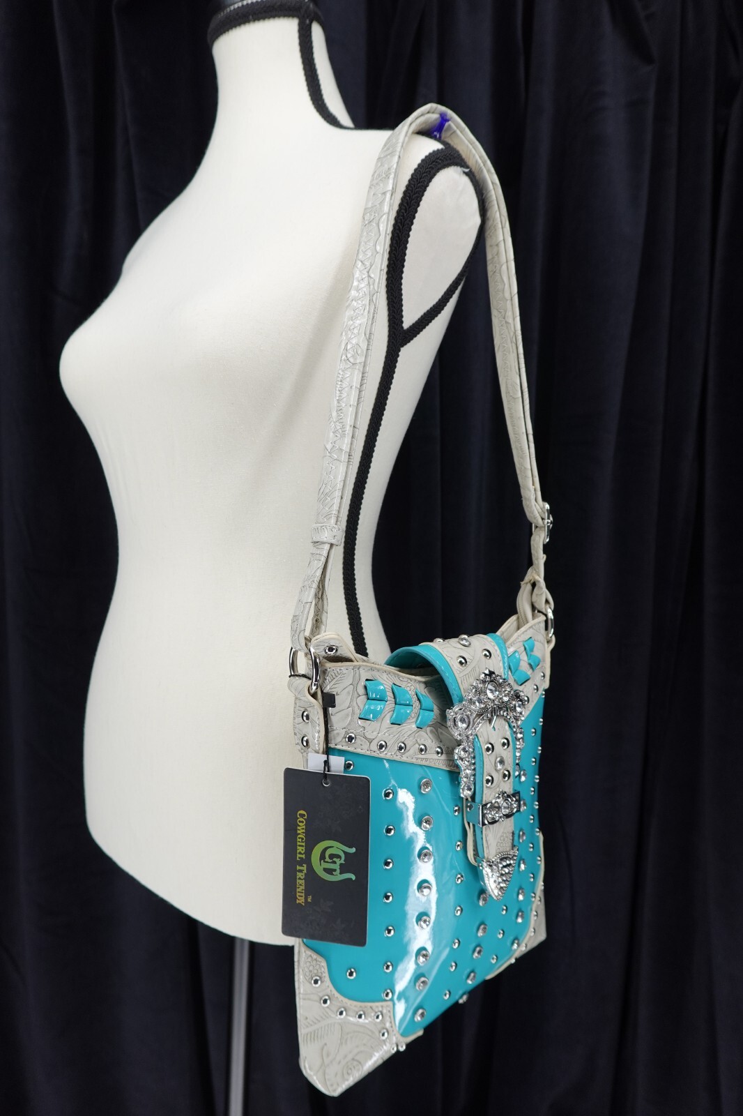 Cowgirl Trendy NWT Western Metal Trim & Buckle Rhinestone Crossbody Bag Size L