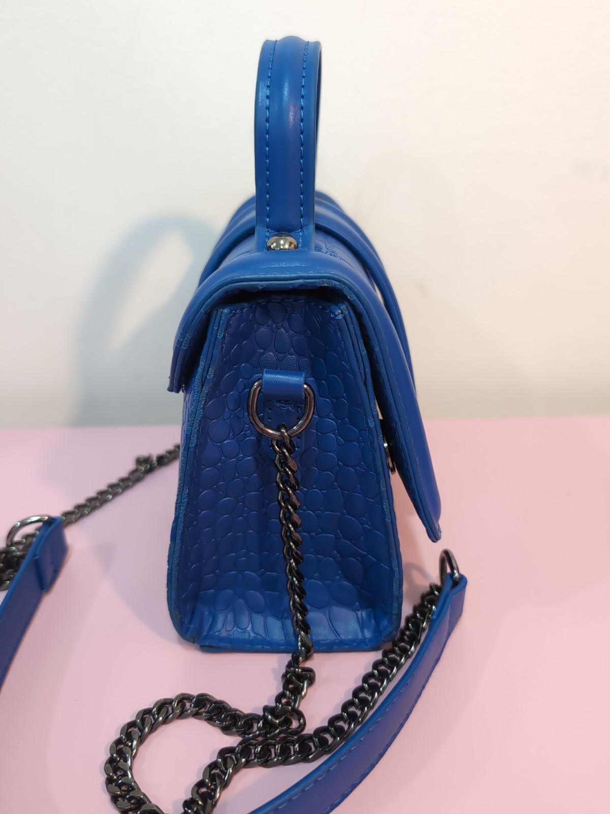 Royal Blue Embossed Small Crossbody Bag w/Chain Strap Top Handle Coquette Y2K