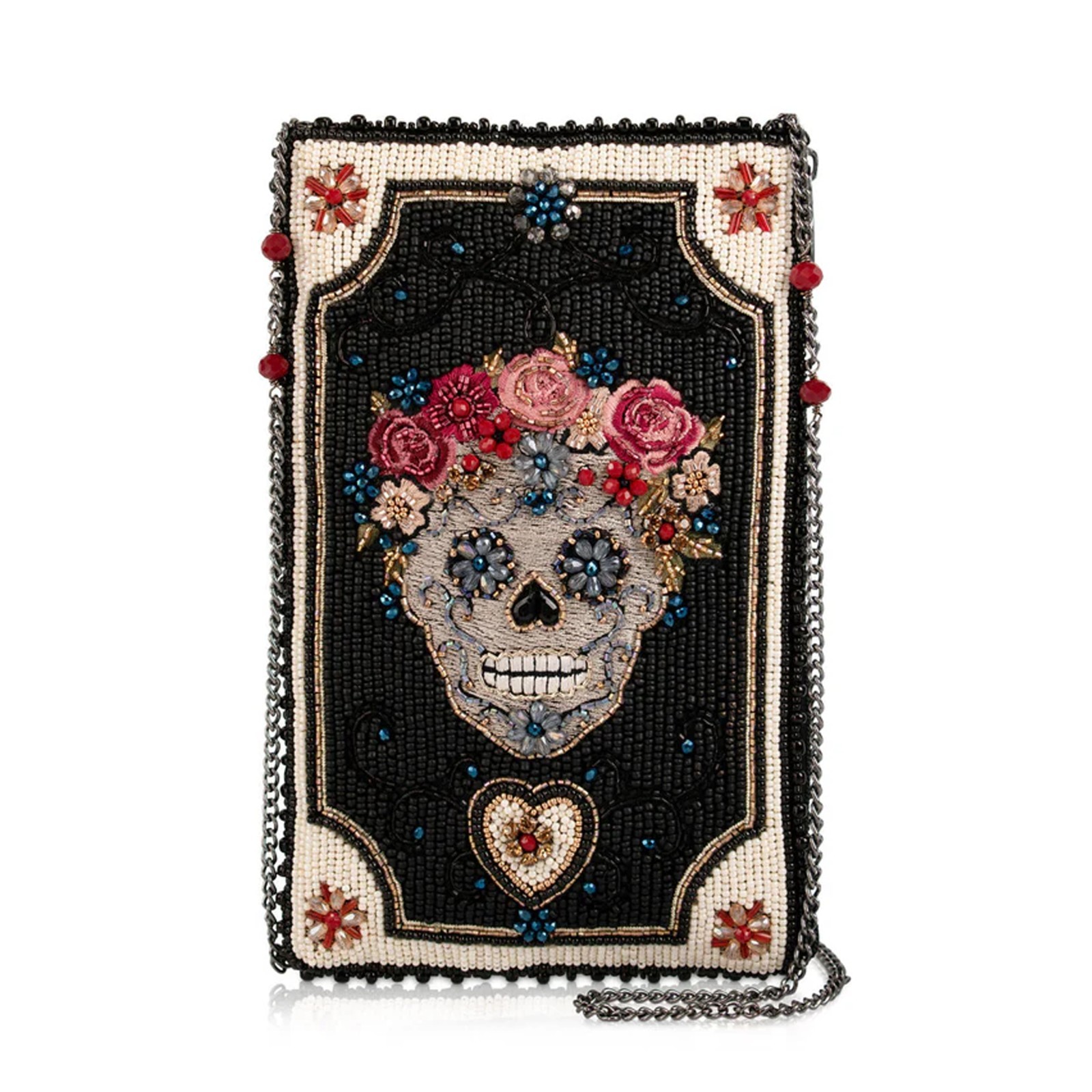 Mary Frances Floral Spirit Crossbody Phone Bag Skull Zip Handbag Black Purse NEW
