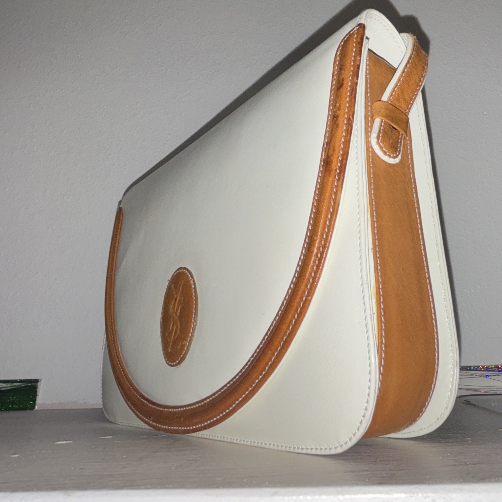 Yves Saint Laurent White/Brown Flap Shoulder Bag Small Logo Silver Hardware