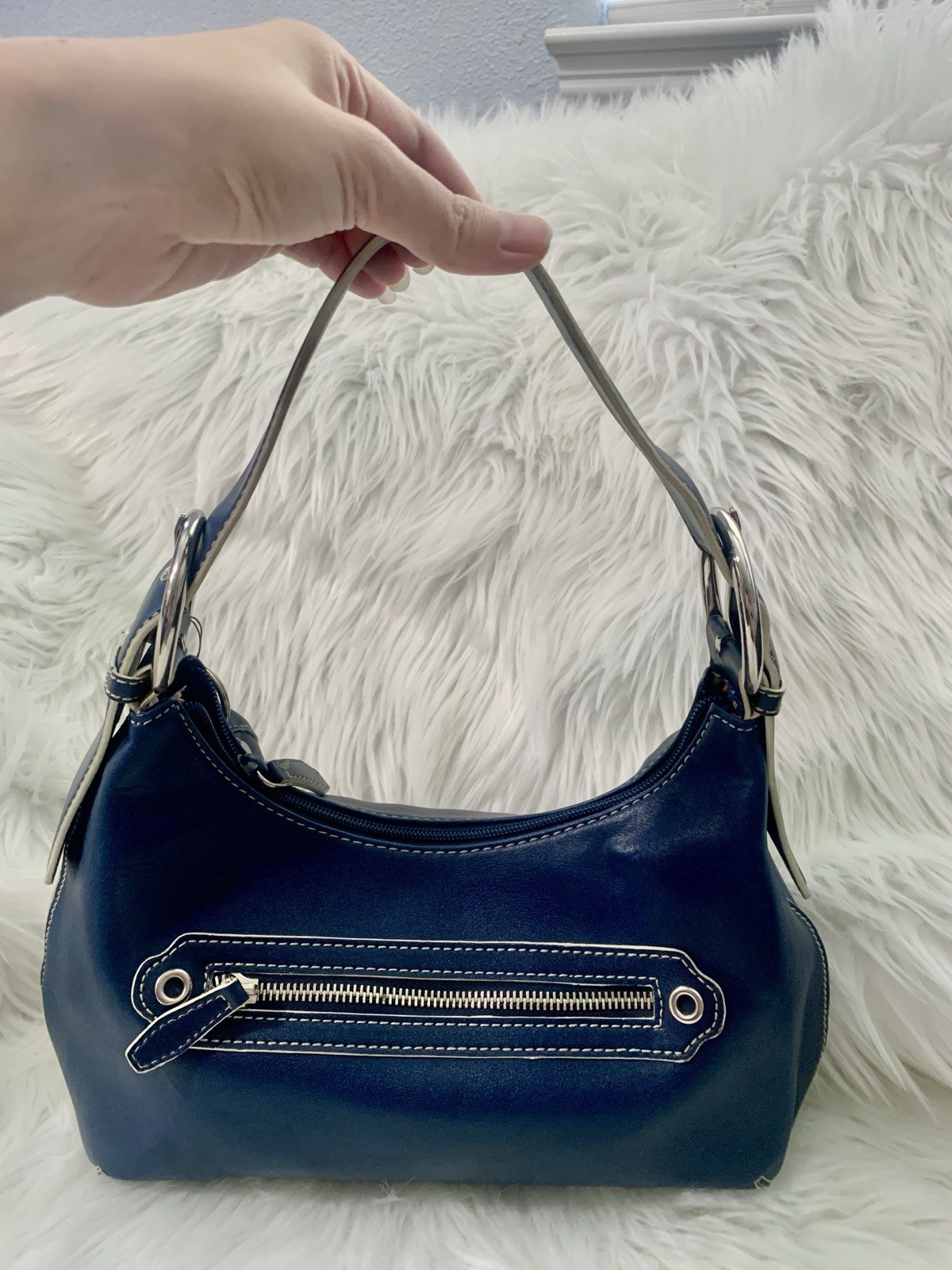 Nine West Blue Crescent Shoulder Bag Zip Closure Inner Pockets Silver Hardware