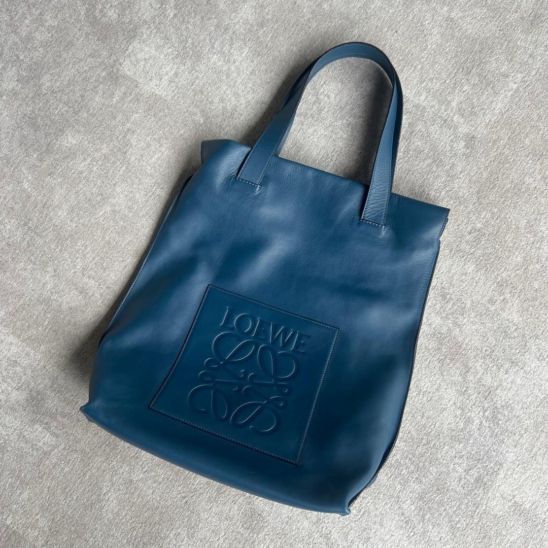 Loewe Authentic Anagram Embossed Shopper Tote Bag Handbag Blue 11×38.5x30cm