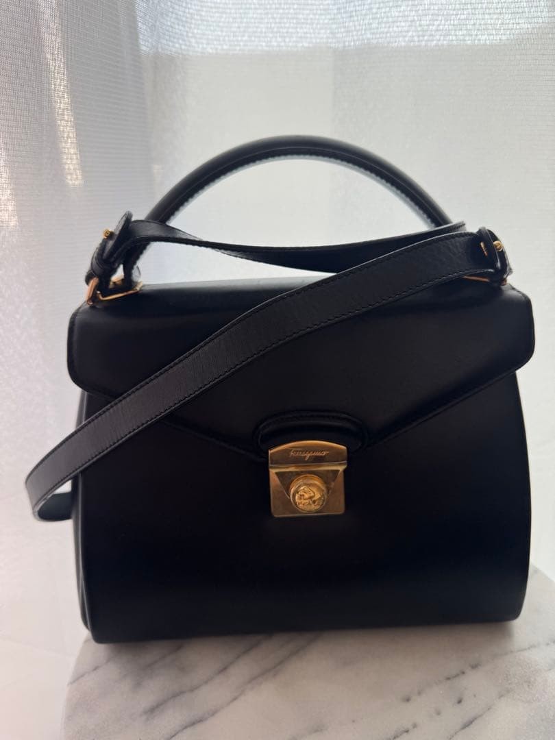 Salvatore Ferragamo Gancini Leather 2Way Shoulder Bag Black Vintage Authentic