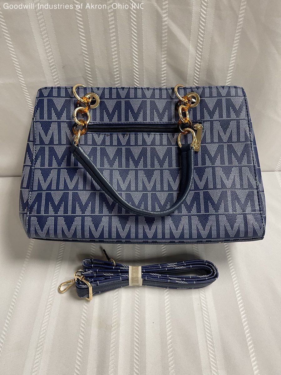 Mia K Collection Navy Blue Monogram Handbag Satchel Gold Hardware Strap