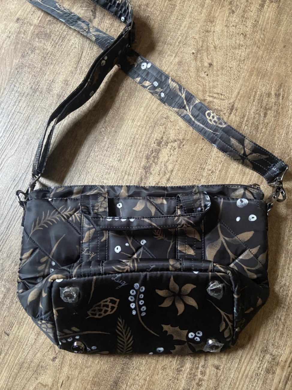 Lug Floral Print Crossbody Bag Black/Brown Zip Closure Detachable Strap Silver