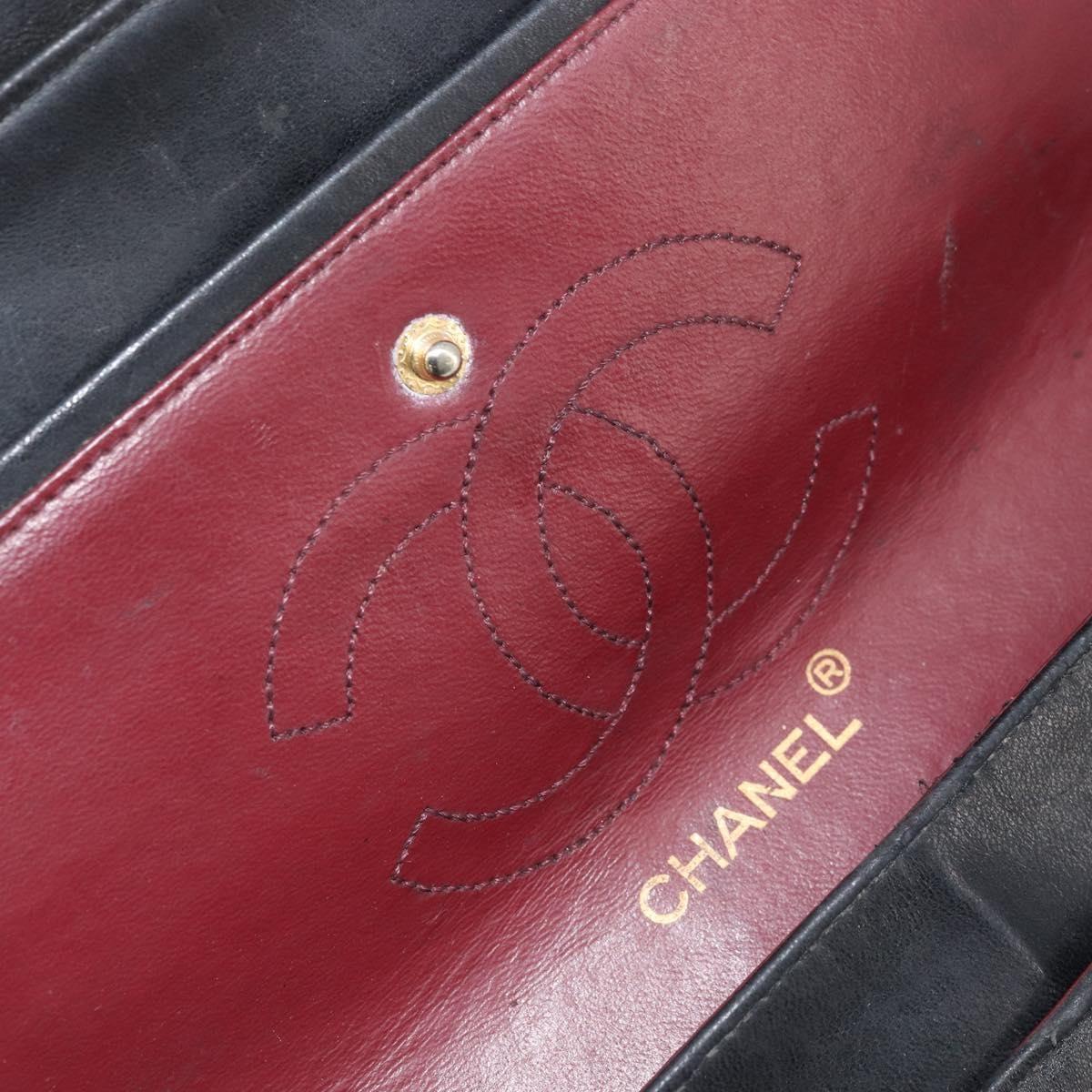 CHANEL Matelasse 25 Double Flap Chain Bag Lamb Skin Gold Black CC Auth bs34164
