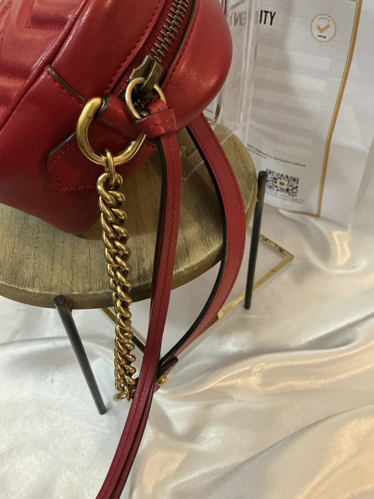 Authentic Gucci GG Marmont 2.0 Red Leather Chevron Camera Crossbody w COA