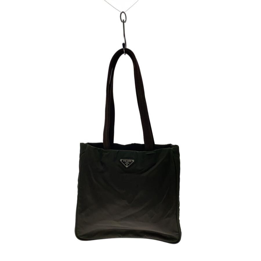 PRADA Khaki Nylon Tote Shoulder Bag 31.5×29.5cm Silver Logo Plaque Preowned Auth